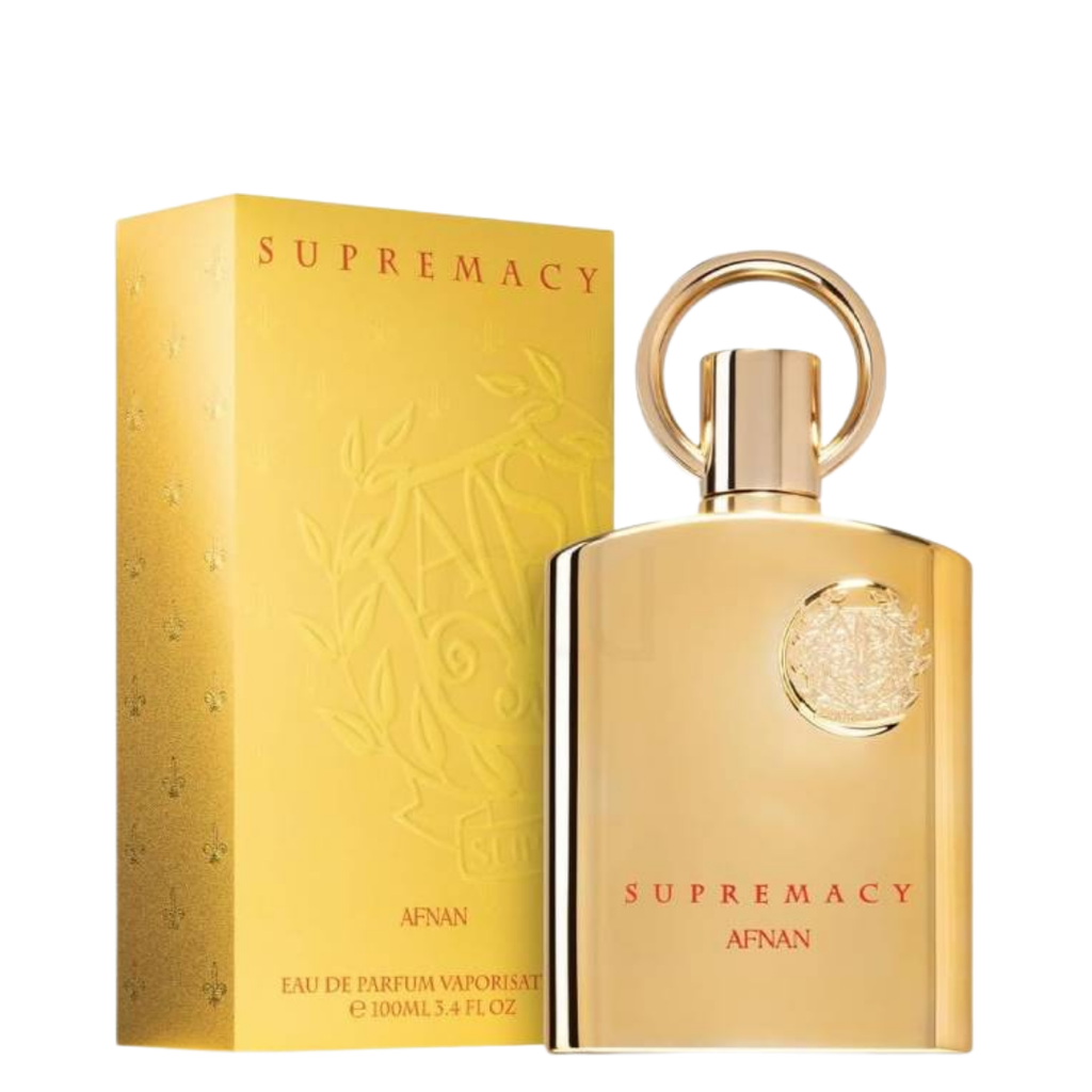 A bottle of Afnan Supremacy Gold Eau de Parfum next to its gold packaging box, featuring a metallic gold design with a ring cap and red lettering.