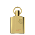 A gold metallic perfume bottle with a circular ring cap, featuring the brand name AFNAN and the fragrance name SUPREMACY in red lettering, set against a plain white background. Afnan: Supremacy Gold.