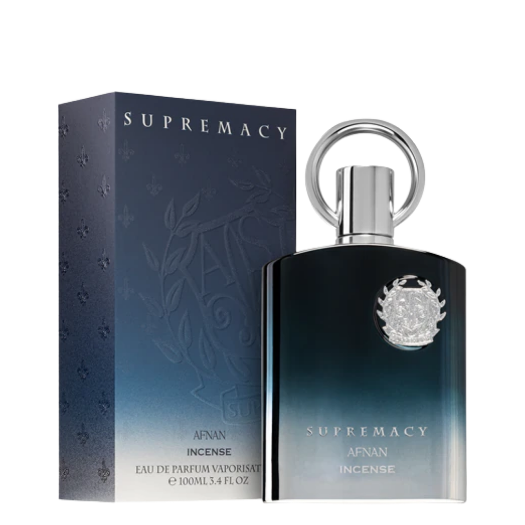 Supremacy Afnan Incense Eau de Parfum bottle with a silver cap and ring, shown next to its dark blue gradient packaging box on a white background.