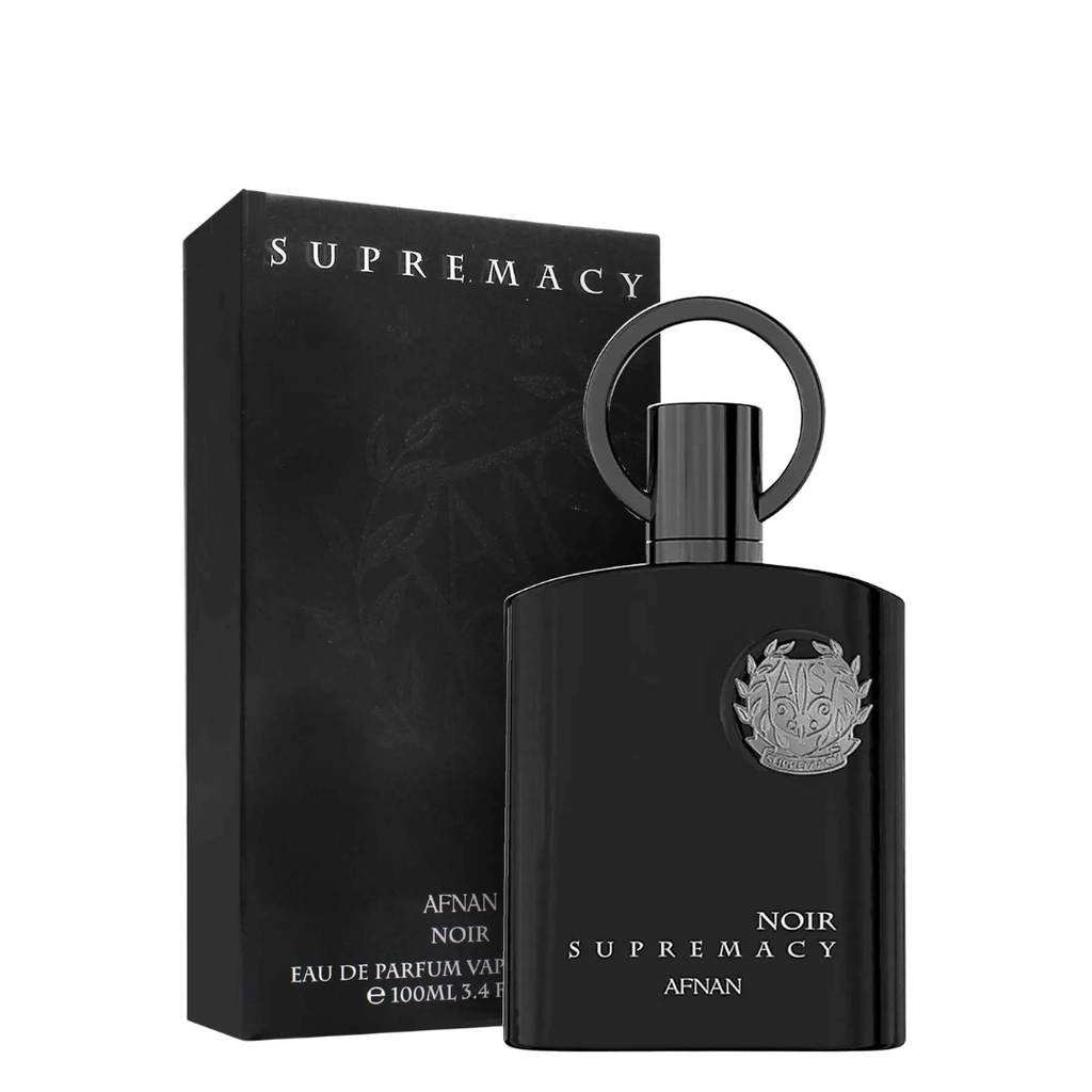 A black perfume bottle with a circular ring handle and a matching black box, both labeled 'SUPREMACY NOIR' and 'AFNAN', on a plain white background.