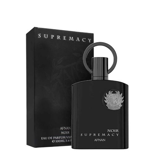 A black perfume bottle with a circular ring handle and a matching black box, both labeled 'SUPREMACY NOIR' and 'AFNAN', on a plain white background.