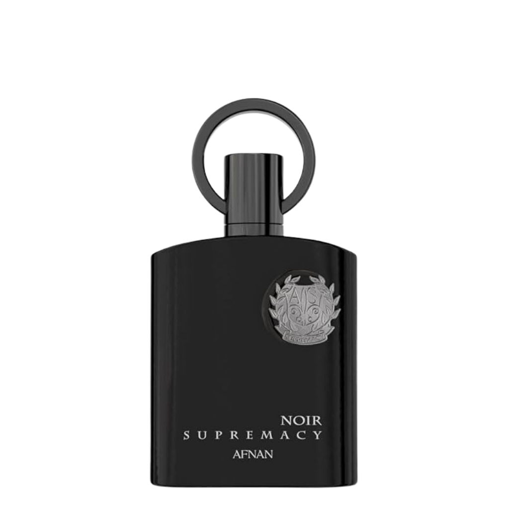 A black rectangular perfume bottle with a matching black ring cap, featuring a silver crest emblem and the text 'NOIR SUPREMACY AFNAN' on a plain white background.