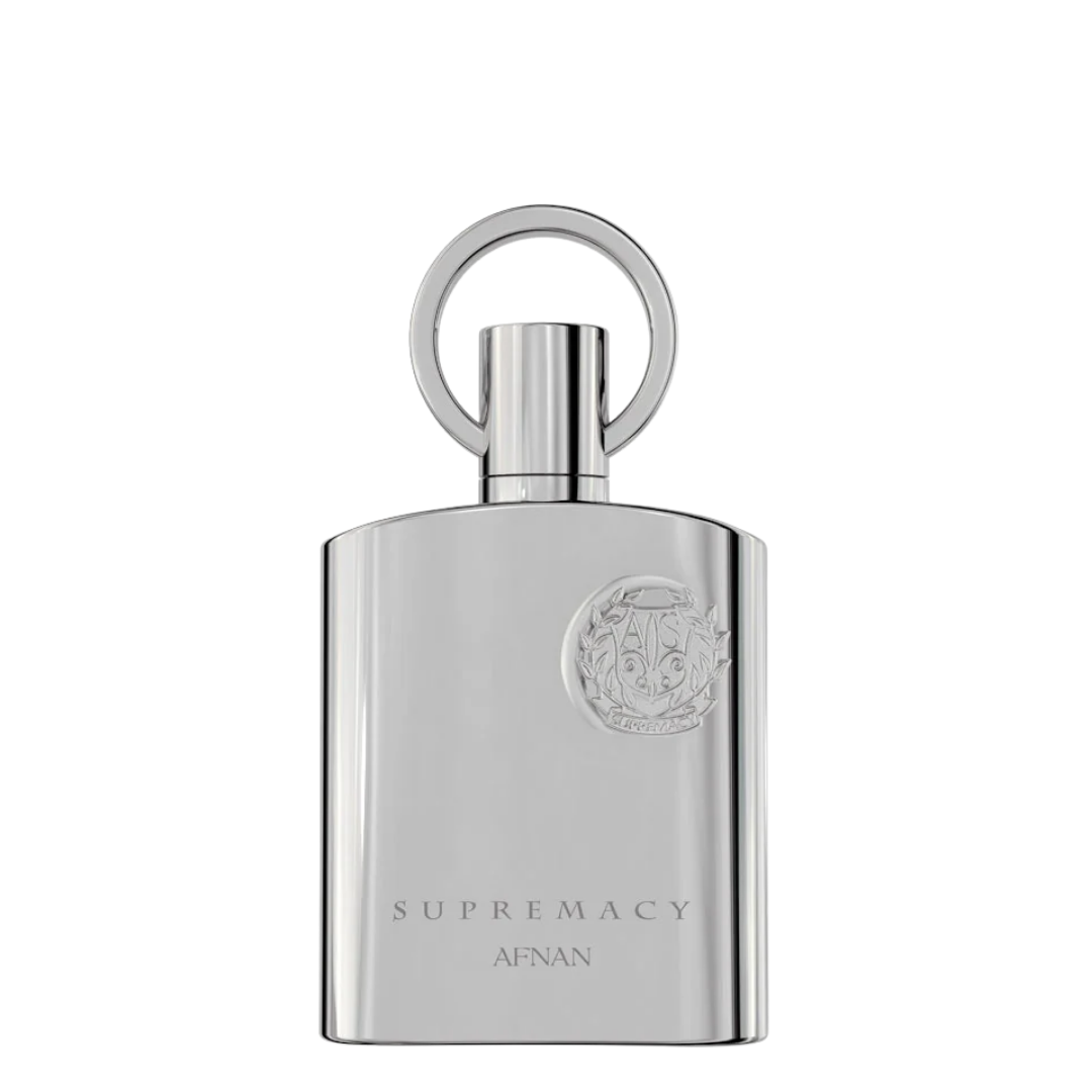 A silver metallic perfume bottle with a circular ring cap, featuring the brand name AFNAN and the product name SUPREMACY on the front, set against a plain white background.