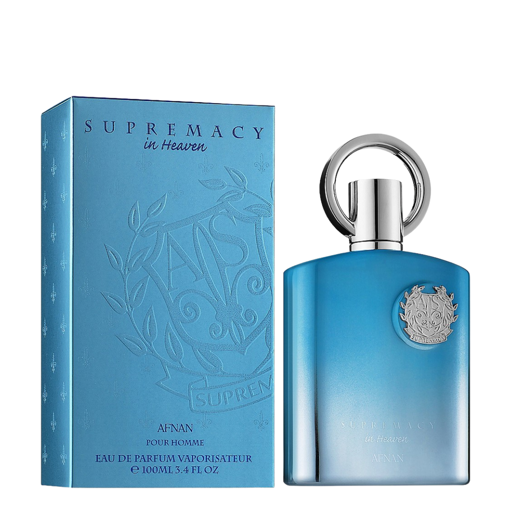 Supremacy in Heaven AFNAN Pour Homme Eau de Parfum bottle and its blue packaging box, featuring a light blue gradient design and silver metallic accents.
