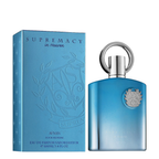 Supremacy in Heaven AFNAN Pour Homme Eau de Parfum bottle and its blue packaging box, featuring a light blue gradient design and silver metallic accents.