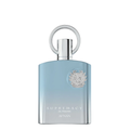 A bottle of Afnan Supremacy in Heaven fragrance, featuring a light blue gradient body with a silver metallic cap and a circular ring detail on top, set against a plain white background.