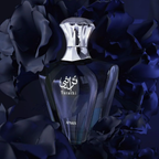 A dark glass perfume bottle with a reflective silver cap, labeled 'Turathi' and 'AFNAN', centered against a background of dark blue and black rose petals.