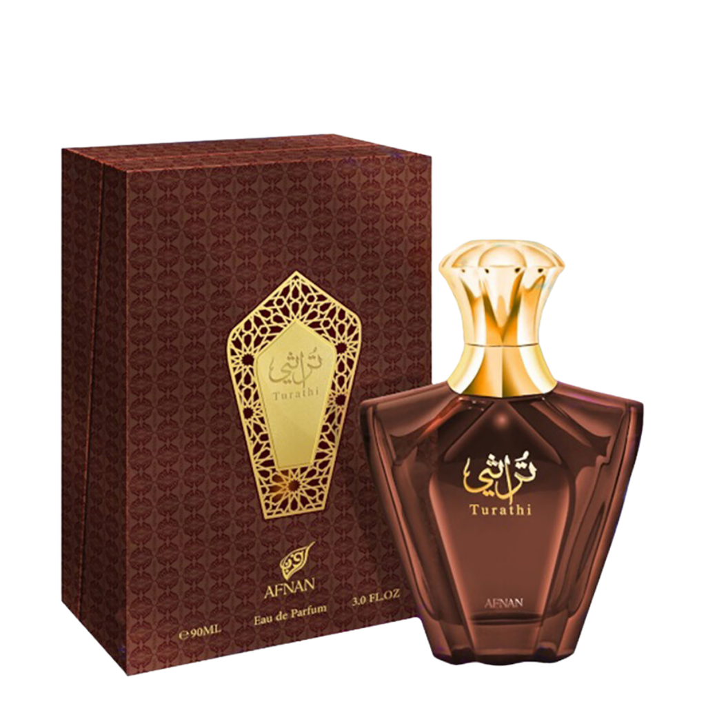 A bottle of Afnan Turathi Brown Eau de Parfum next to its dark brown patterned box with a gold label, on a plain white background.