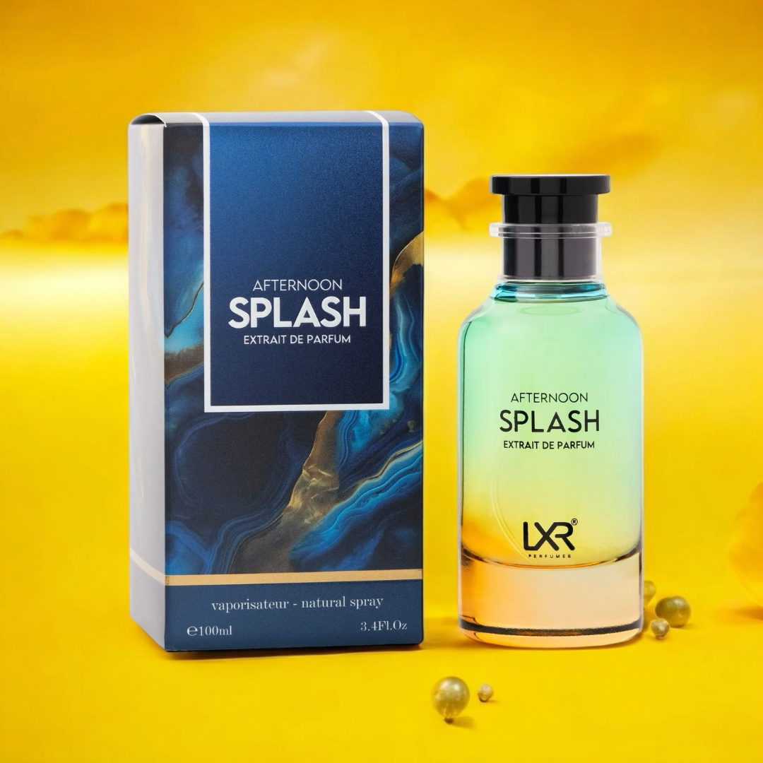 LXR Perfumes Afternoon Splash perfume bottle and packaging on a yellow background