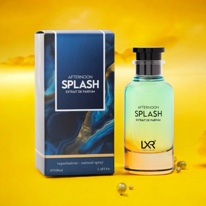 LXR Perfumes Afternoon Splash perfume bottle and packaging on a yellow background