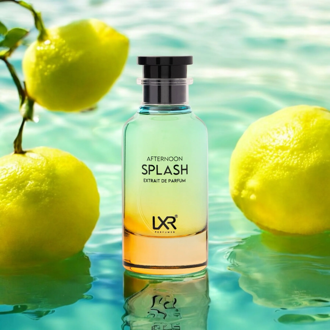 Perfume bottle labeled 'Afternoon Splash' surrounded by lemons on water