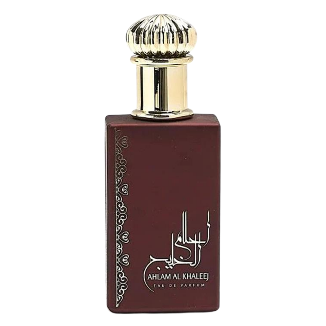 Perfume bottle with gold cap on a white background. Ahlam Al Khaleej by Ard Al Zaafaran Unisex Perfume