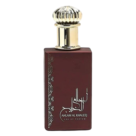 Perfume bottle with gold cap on a white background. Ahlam Al Khaleej by Ard Al Zaafaran Unisex Perfume