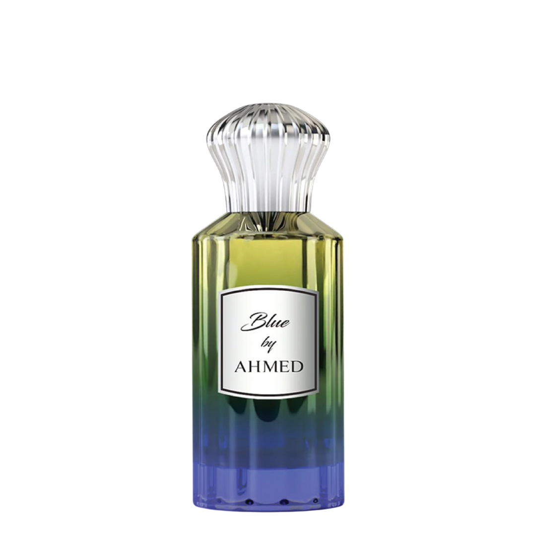 Perfume bottle labeled 'Blue by Ahmed' with gradient design on a white background