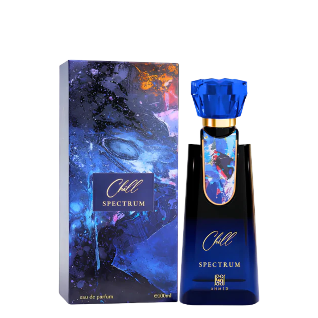 Ahmed Chill Spectrum Eau de Parfum 100ml bottle with its matching outer packaging box. The packaging features a cosmic, nebula-like design in shades of blue, purple, and black, with gold text.