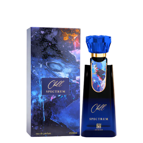 Ahmed Chill Spectrum Eau de Parfum 100ml bottle with its matching outer packaging box. The packaging features a cosmic, nebula-like design in shades of blue, purple, and black, with gold text.
