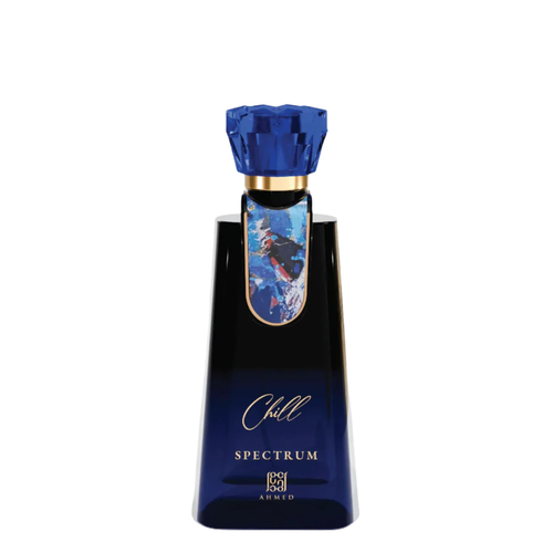A dark blue glass bottle of Chill Spectrum by Ahmed, featuring a faceted blue cap, a gold collar, and a blue and white graphic label on the neck, set against a plain white background.