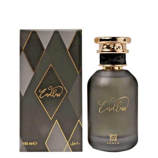 Perfume bottle and packaging of 'Endless' by Ahmed on a white background. Ahmed Al Maghribi Endless Unisex Perfume