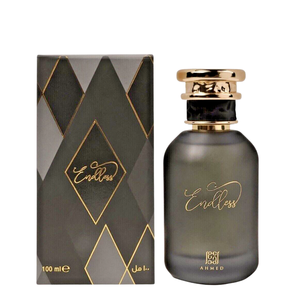 Perfume bottle and packaging of 'Endless' by Ahmed on a white background. Ahmed Al Maghribi Endless Unisex Perfume