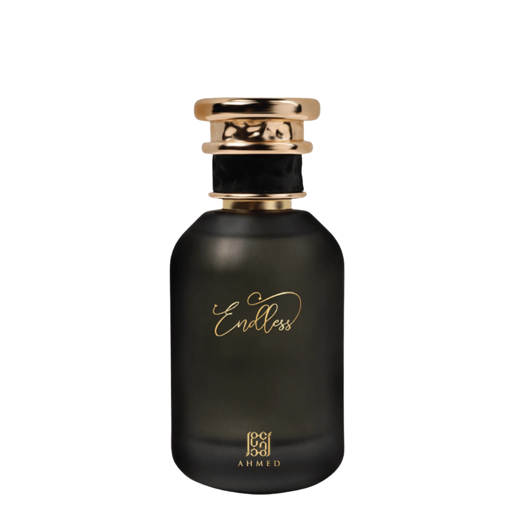 Black perfume bottle with gold cap and 'Endless' branding on a white background. Ahmed Al Maghribi Endless Unisex Perfume