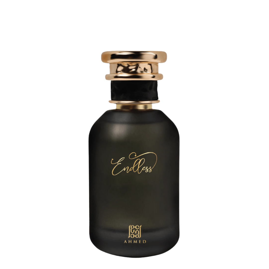 Black perfume bottle with gold cap and 'Endless' branding on a white background. Ahmed Al Maghribi Endless Unisex Perfume