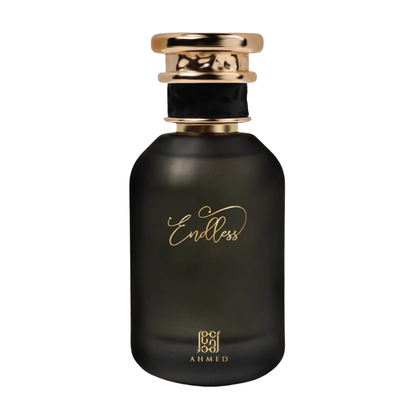 Black perfume bottle with gold cap and 'Endless' branding on a white background. Ahmed Al Maghribi Endless Unisex Perfume
