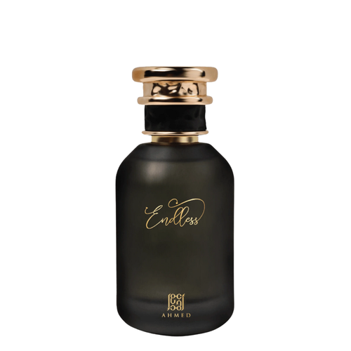 Black perfume bottle with gold cap and 'Endless' branding on a white background. Ahmed Al Maghribi Endless Unisex Perfume