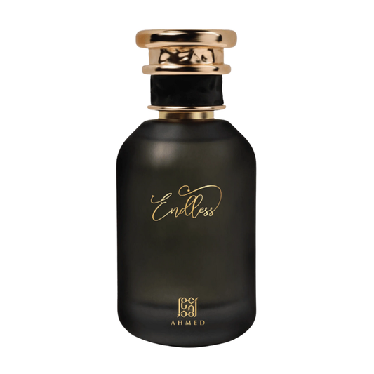 Black perfume bottle with gold cap and 'Endless' branding on a white background. Ahmed Al Maghribi Endless Unisex Perfume