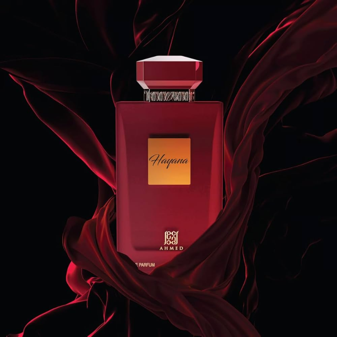 Red perfume bottle with 'Hayana' label on a dark background