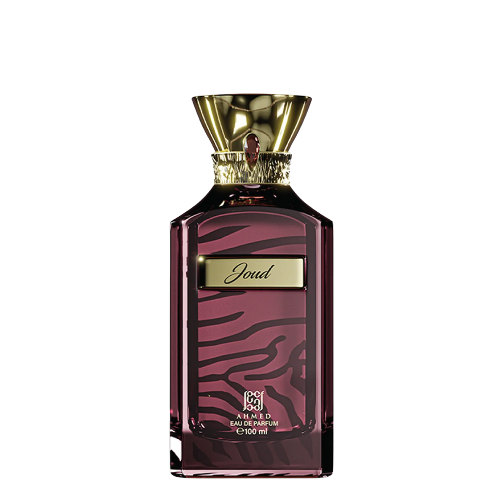 Perfume bottle with gold cap and zebra pattern on a white background. Ahmed Al Maghribi Joud Unisex Perfume