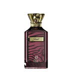 Perfume bottle with gold cap and zebra pattern on a white background. Ahmed Al Maghribi Joud Unisex Perfume