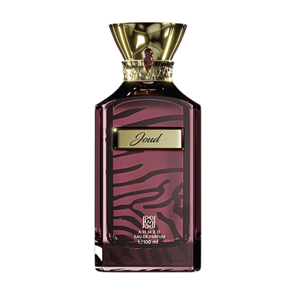 Perfume bottle with gold cap and zebra pattern on a white background. Ahmed Al Maghribi Joud Unisex Perfume