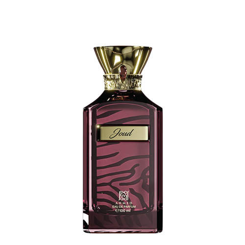 Perfume bottle with gold cap and zebra pattern on a white background. Ahmed Al Maghribi Joud Unisex Perfume