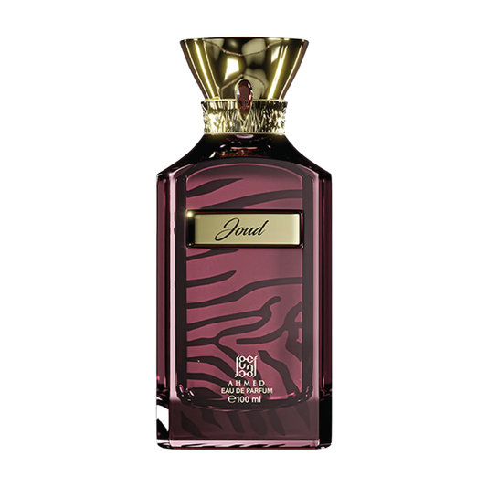 Perfume bottle with gold cap and zebra pattern on a white background. Ahmed Al Maghribi Joud Unisex Perfume