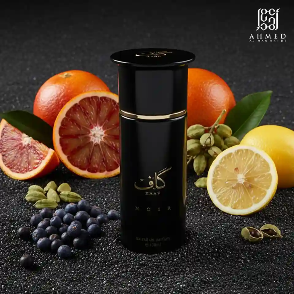 Black Ahmed Al Muhairi perfume bottle with fruits and spices on a dark background