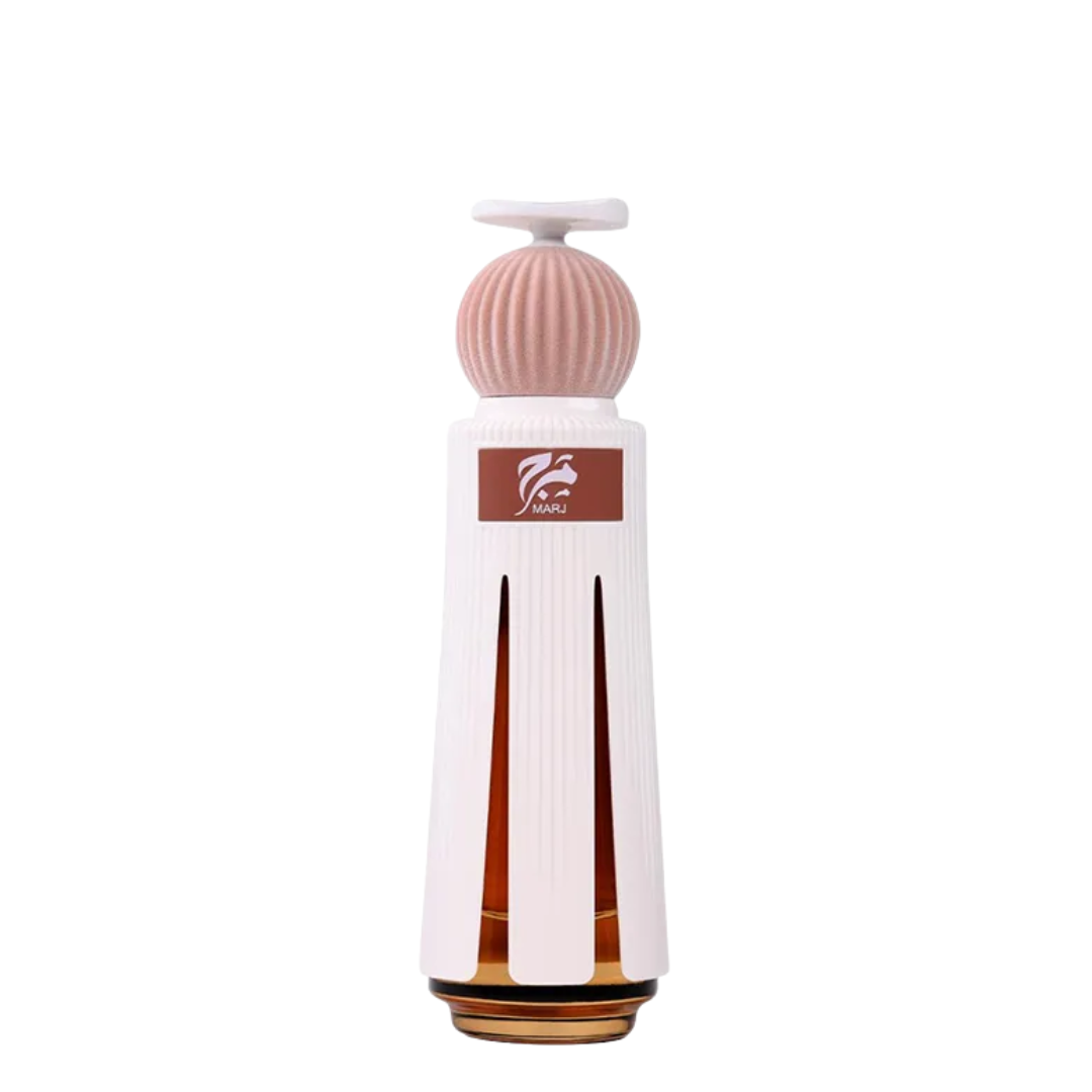 White bottle with a pink cap on a white background. Ahmed Al Maghribi Marj Unisex Perfume