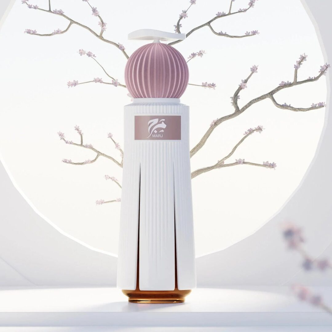 White perfume bottle with pink cap on a white background. Ahmed Al Maghribi Marj Unisex Perfume