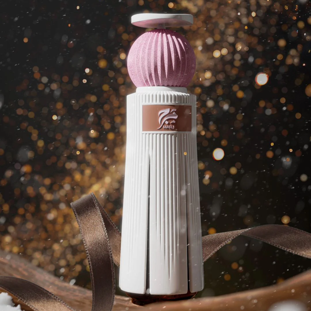 White and pink decorative item with a brand logo on a dark background. Ahmed Al Maghribi Marj Unisex Perfume