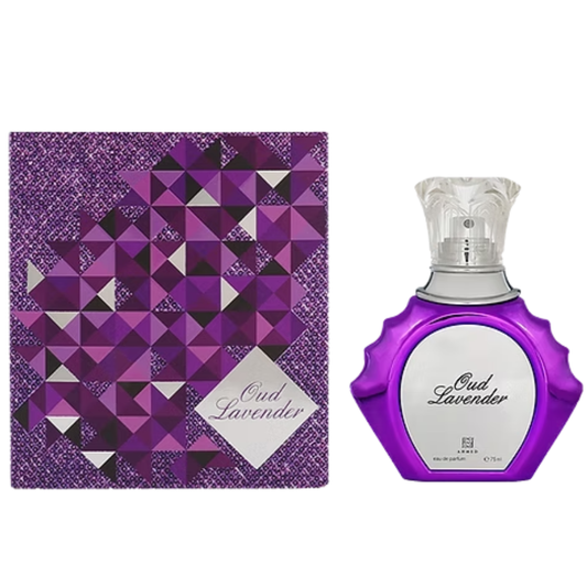 Purple Oud Lavender perfume bottle and packaging on a white background