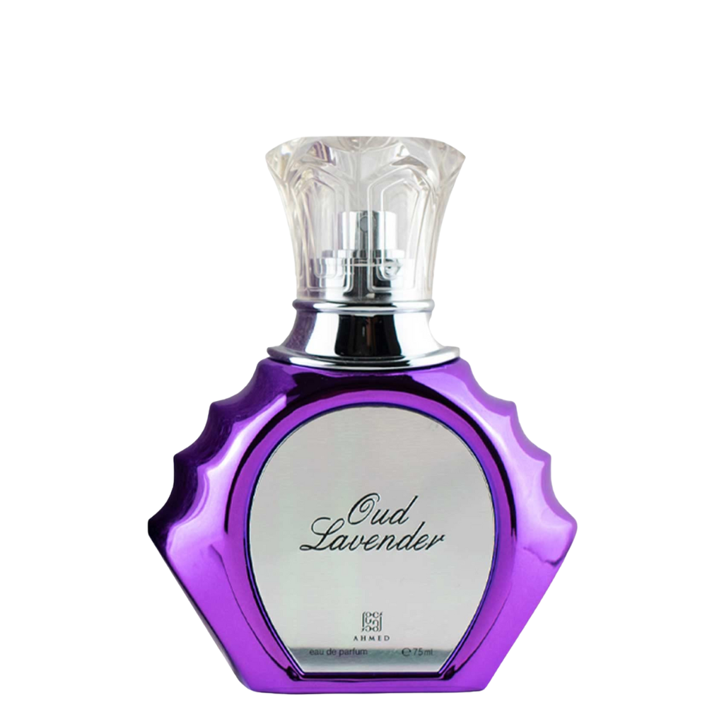 Purple Oud Lavender perfume bottle on a white background