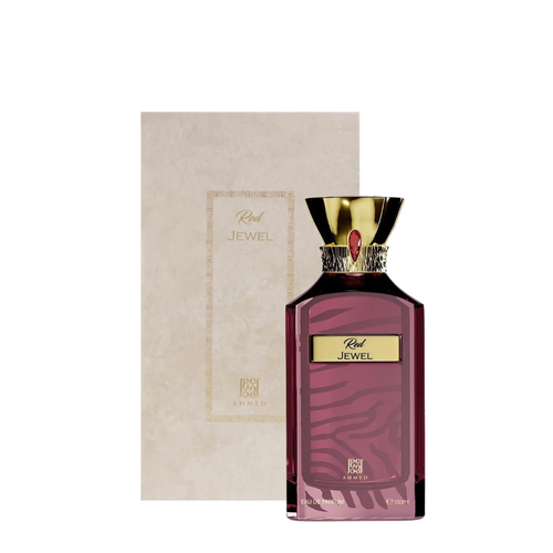 Red Jewel perfume bottle in a deep purple-red glass with a gold cap, shown next to its beige textured packaging box.