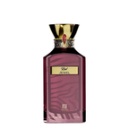 A bottle of Ahmed Red Jewel Eau de Parfum with a dark burgundy body featuring a subtle zebra-like pattern, a gold label, and a metallic gold cap with a red jewel accent, set against a plain white background.