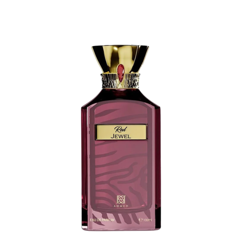 A bottle of Ahmed Red Jewel Eau de Parfum with a dark burgundy body featuring a subtle zebra-like pattern, a gold label, and a metallic gold cap with a red jewel accent, set against a plain white background.
