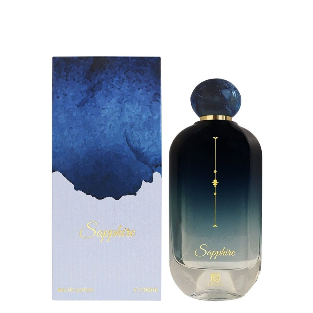 Perfume bottle and packaging with 'Sapphire' branding on a white background