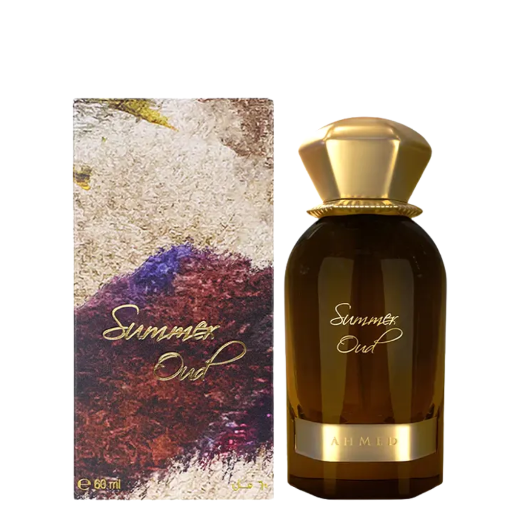 Perfume bottle and packaging of 'Summer Oud' with gold accents on a white background