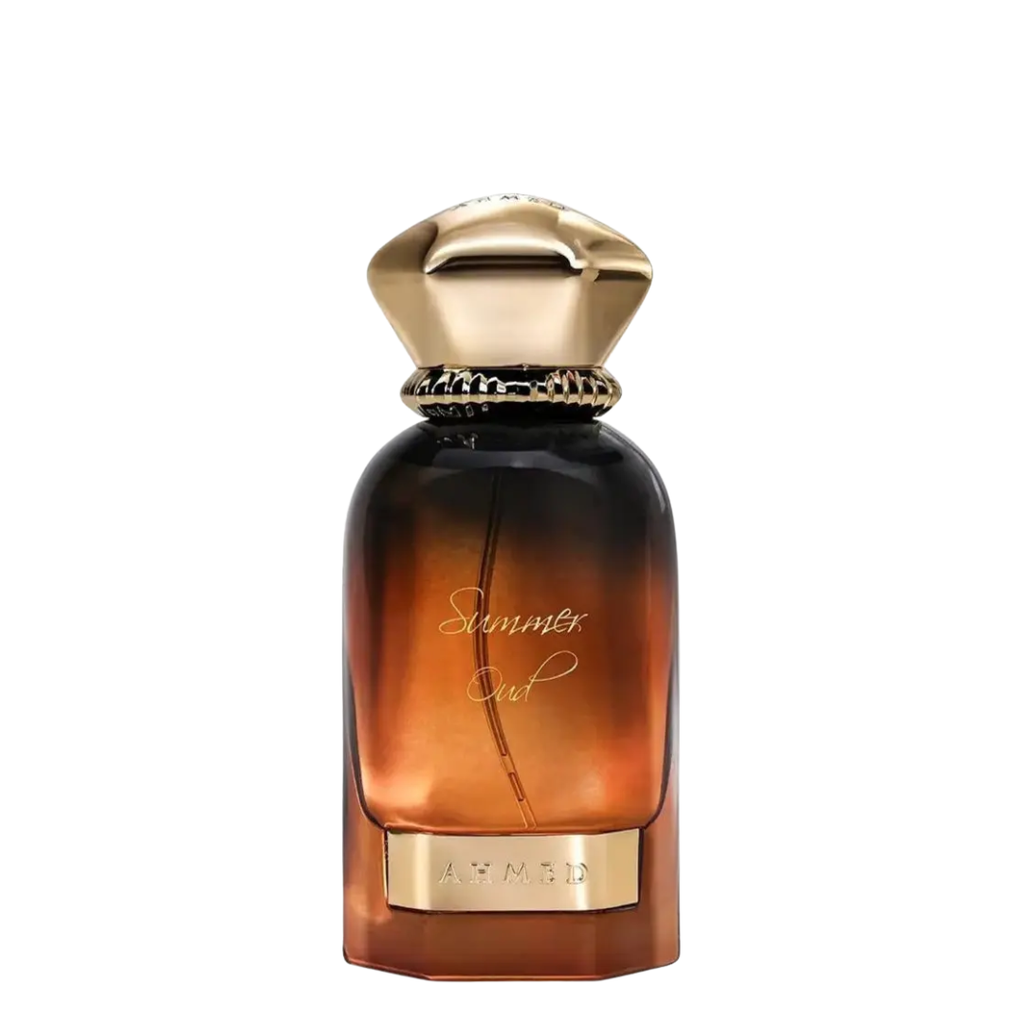 Perfume bottle with gold cap and label on a white background. Ahmed Al Maghribi Summer Oud Unisex Perfume