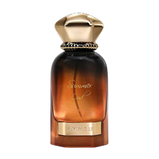 Perfume bottle with gold cap and label on a white background. Ahmed Al Maghribi Summer Oud Unisex Perfume