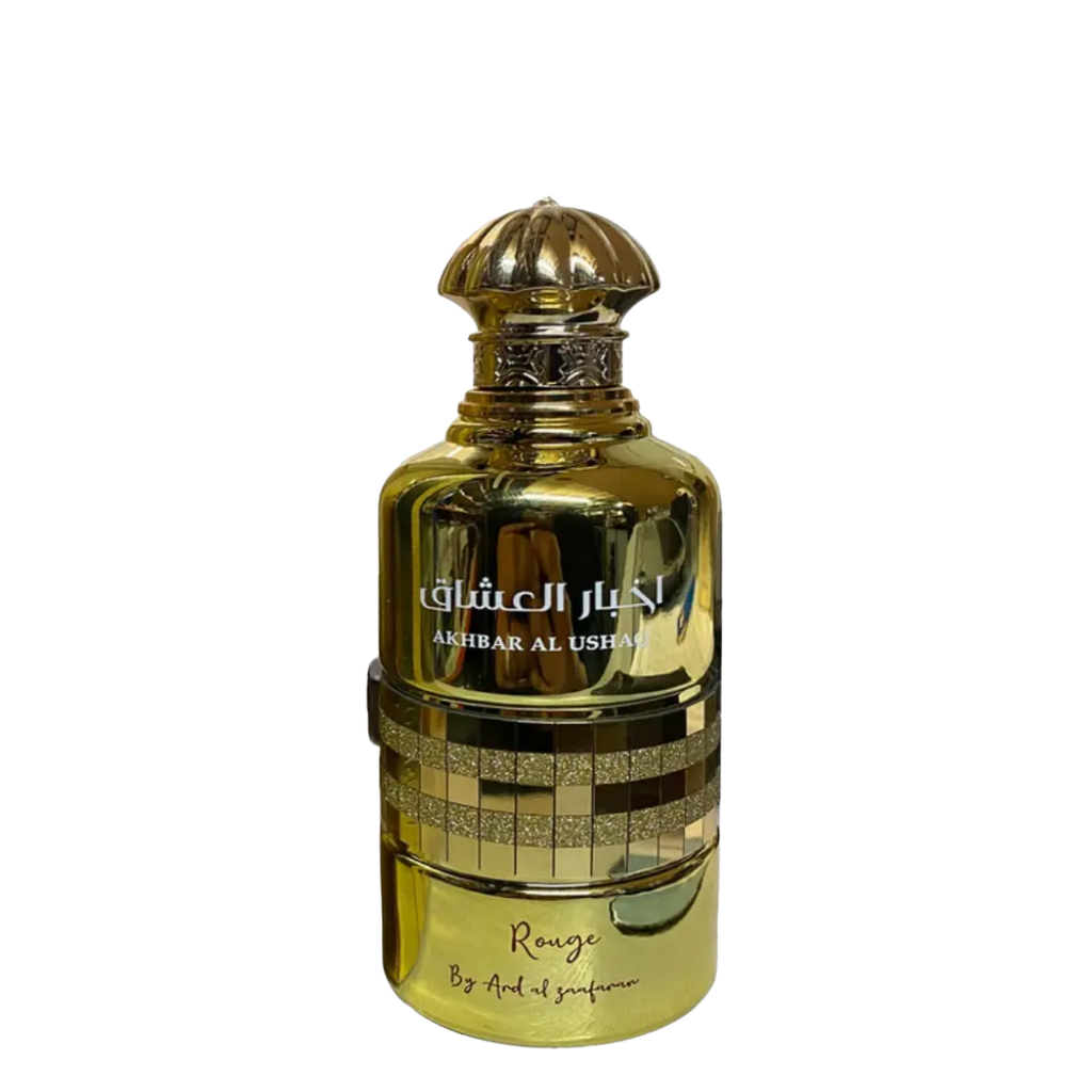 Gold perfume bottle with decorative cap on a white background. Akhbar Al Ushaq Rouge by Ard Al Zaafaran Womens Perfume