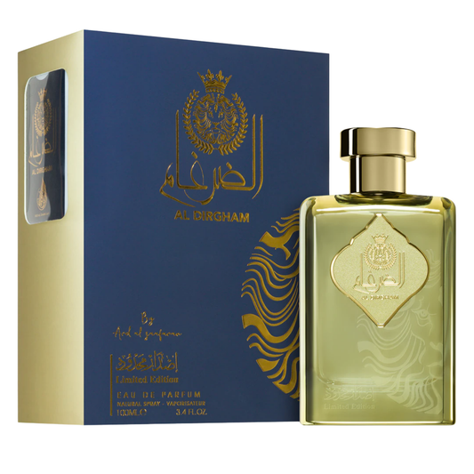 Gold perfume bottle and packaging with a blue box featuring branding on a white background. Al Dirgham Limited Edition by Ard Al Zaafaran Mens Perfume
