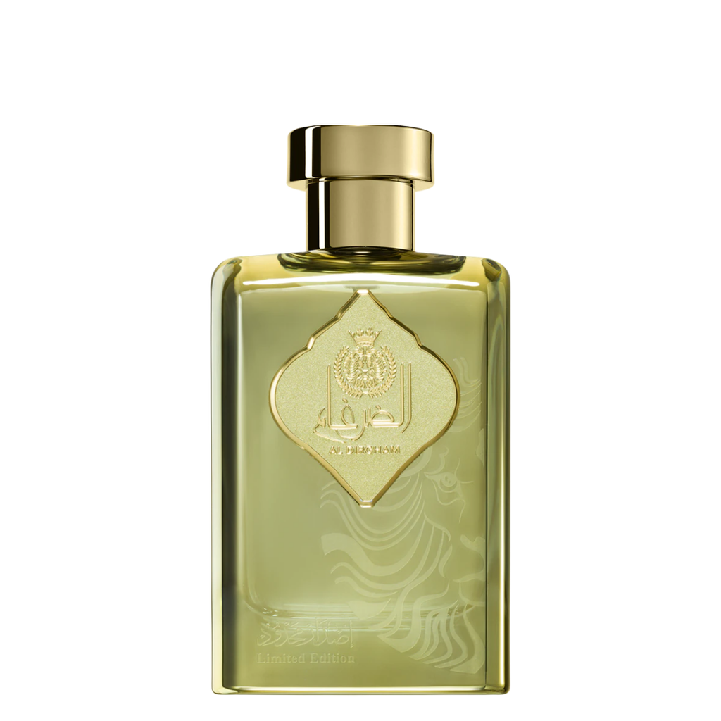 Gold perfume bottle with intricate design on a white background. Al Dirgham Limited Edition by Ard Al Zaafaran Mens Perfume